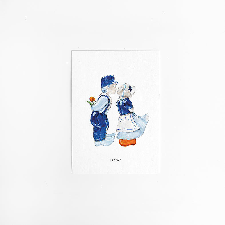 Wenskaart Holland: Kussend delfts blauw stelletje