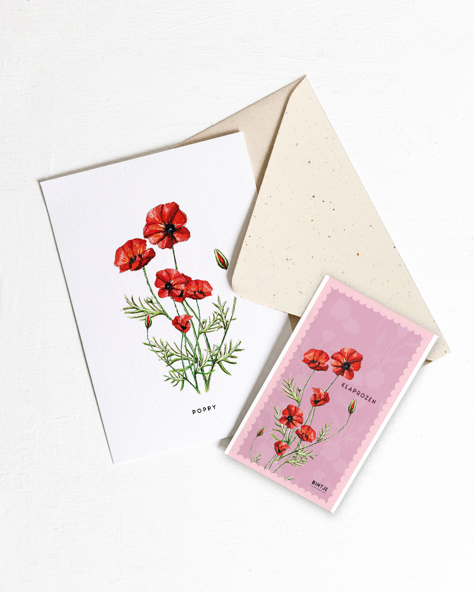 Wenskaart Bloemen: klaprozen met zaadjes