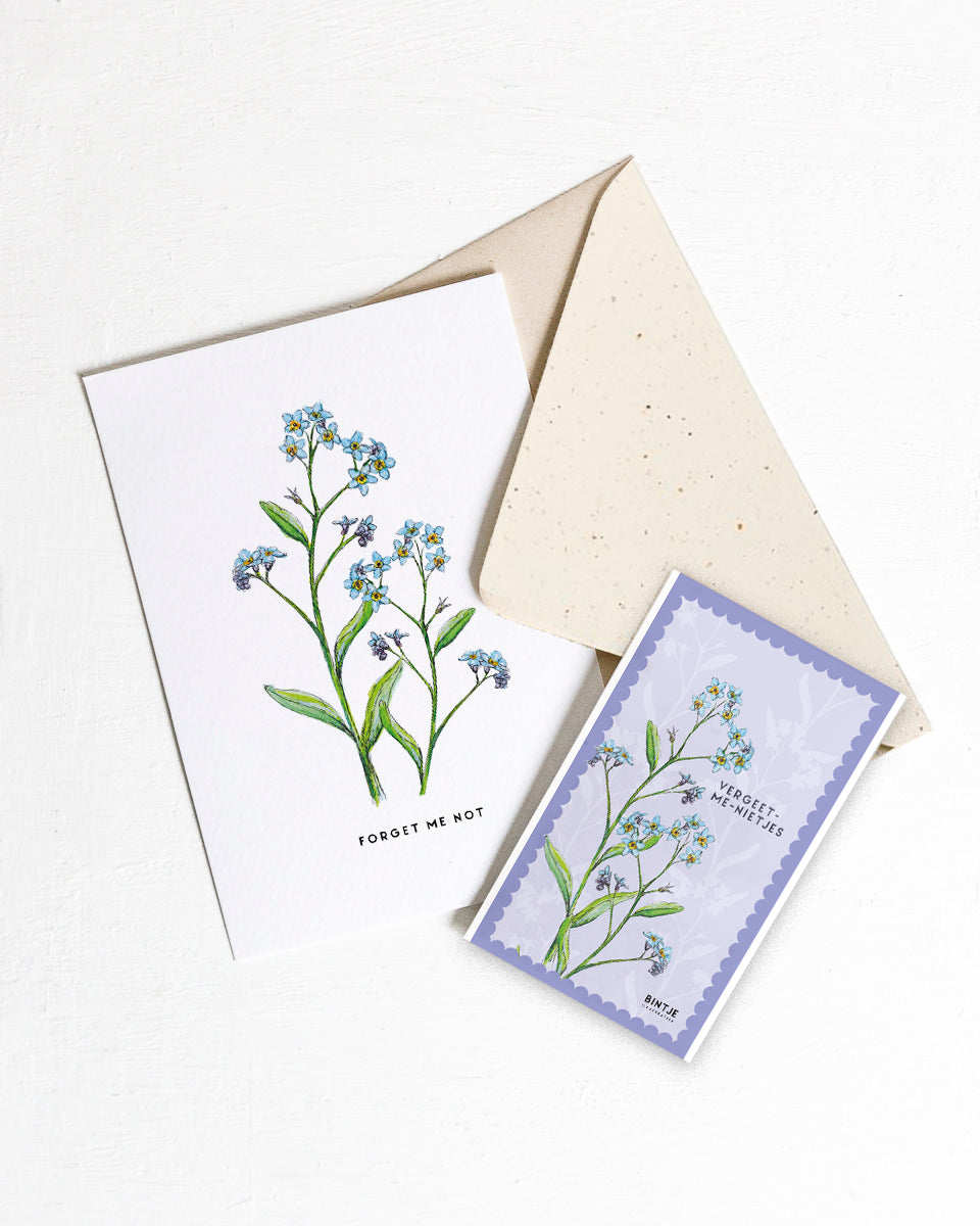 Wenskaart Bloemen: Vergeet met nietjes met zaadjes