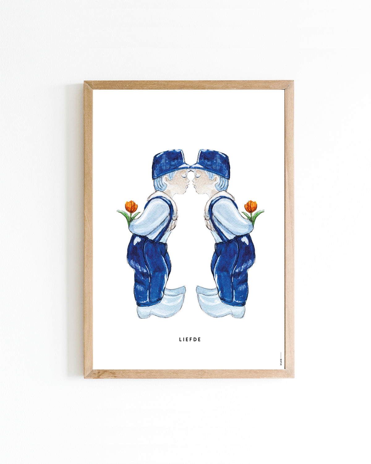Poster A4 Holland: Kussend Delfts blauw paartje 2 mannetjes