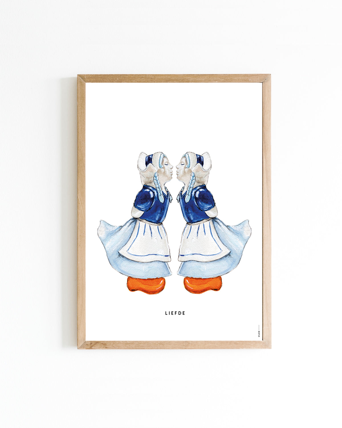 Poster A4 Holland: Kussend Delfts blauw paartje 2 vrouwtjes